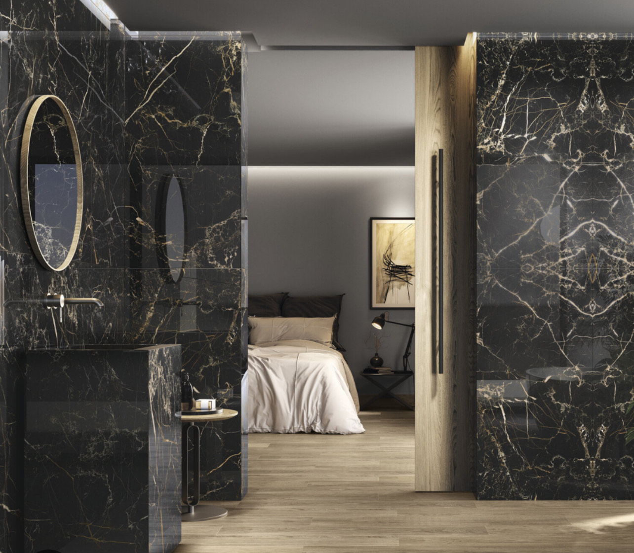 Floor-to-ceiling large format black marble tile with gold veining — bookmatched panels, mitered corners, integrated vanity and open shower — premium large format tile installation